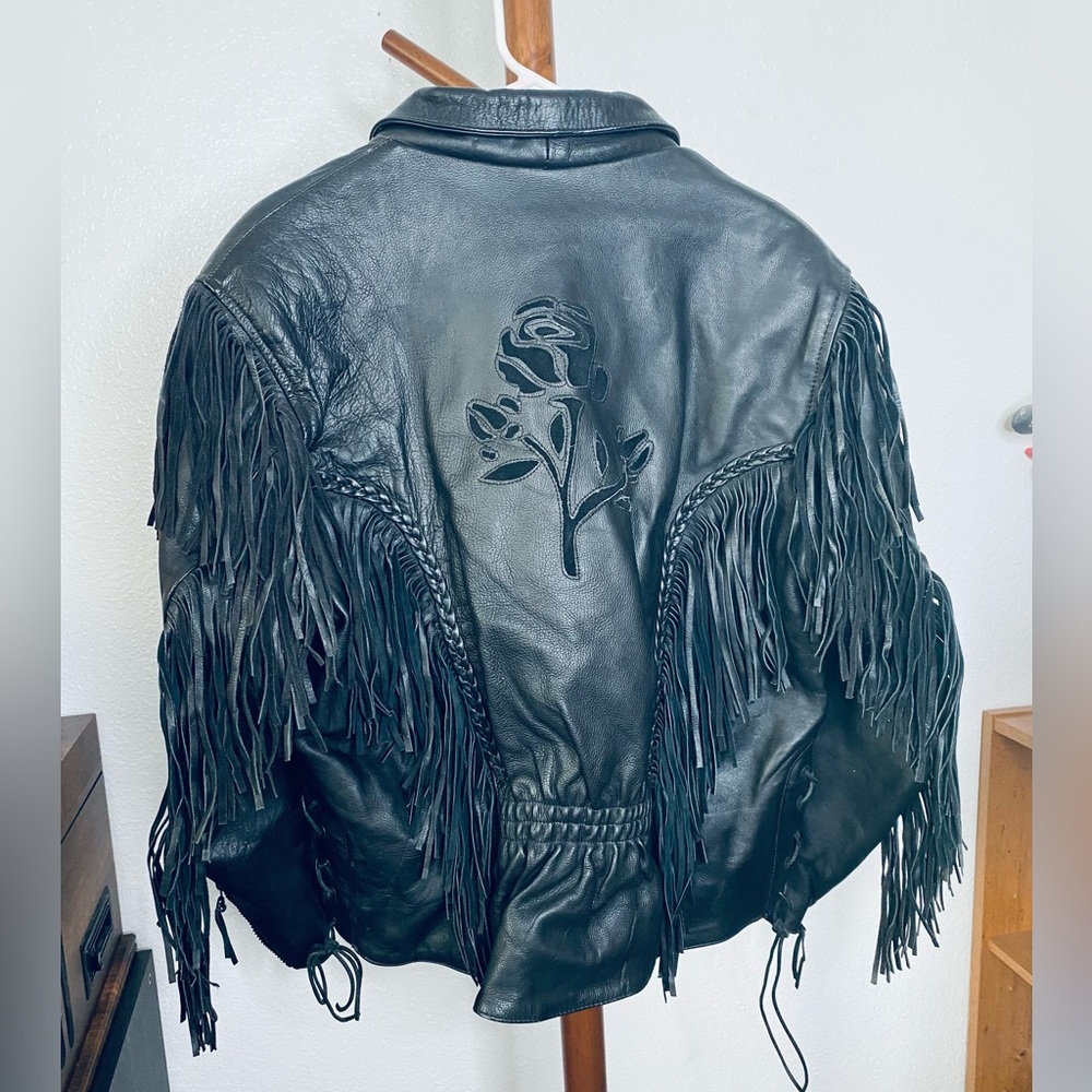 Vintage Genuine Black Leather Rose Cutout Boho Fringe Motorcycle Jacket Medium - Picture 2 of 13